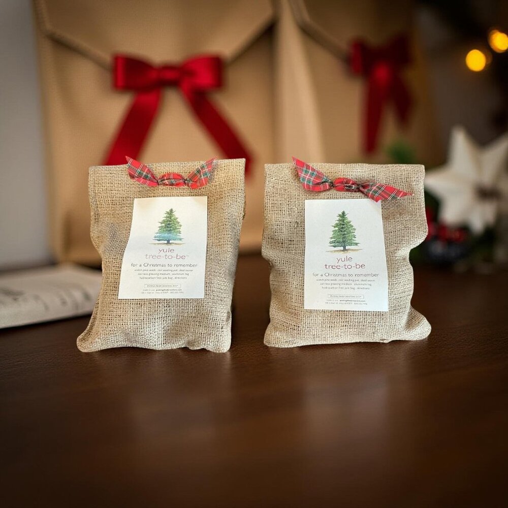 Set Of 2 Yule Tree-To-Be Kits Burlap Bags With Plaid Bow Holiday Planting Gift‎